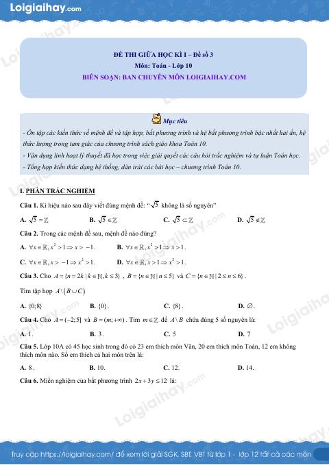 Đề thi giữa kì 1 Toán 10 Cánh diều - Đề số 3